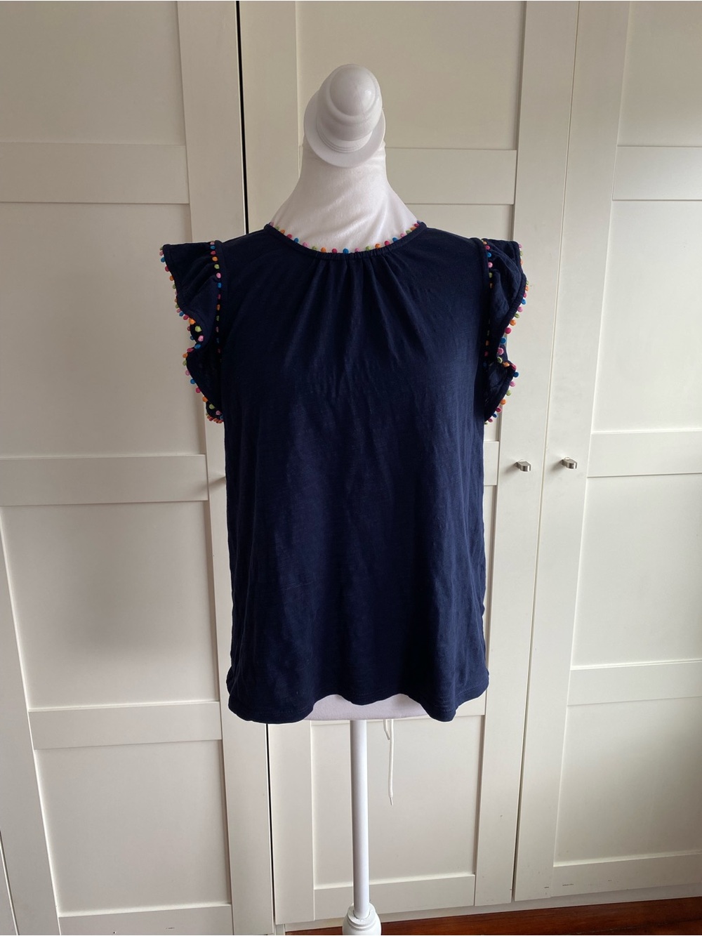 Boden Navy Jeresy Tee with Multi Pomppon detail, Size US4 Small